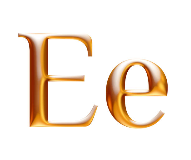 Golden metallic alphabet, letter e, lowercase and uppercase, 3d illustration