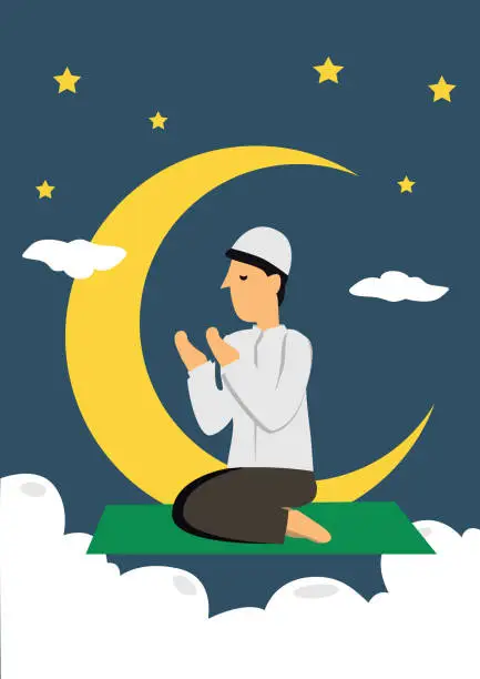 Vector illustration of Muslim Man praying on a green mat with crescent moon, stars and a night background. Ramadan fasting or Hari Raya concept.