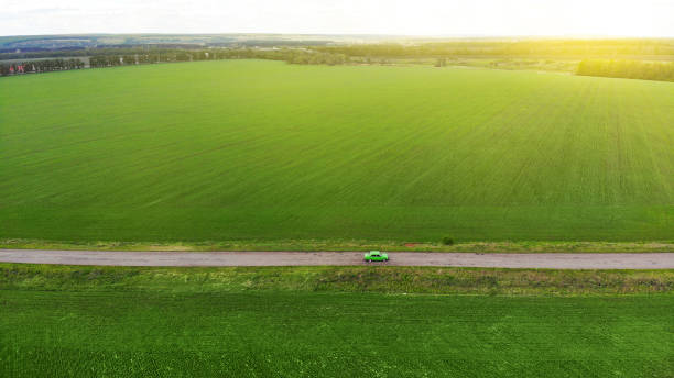 istock Aerial. Funny green car driving along the rustic asphalt road between fields. View above from drone. 1223590730