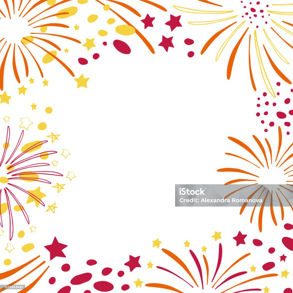 Rectangle Fireworks Rectangular Frame Design Template With Fireworks Hand Drawn Vector ...