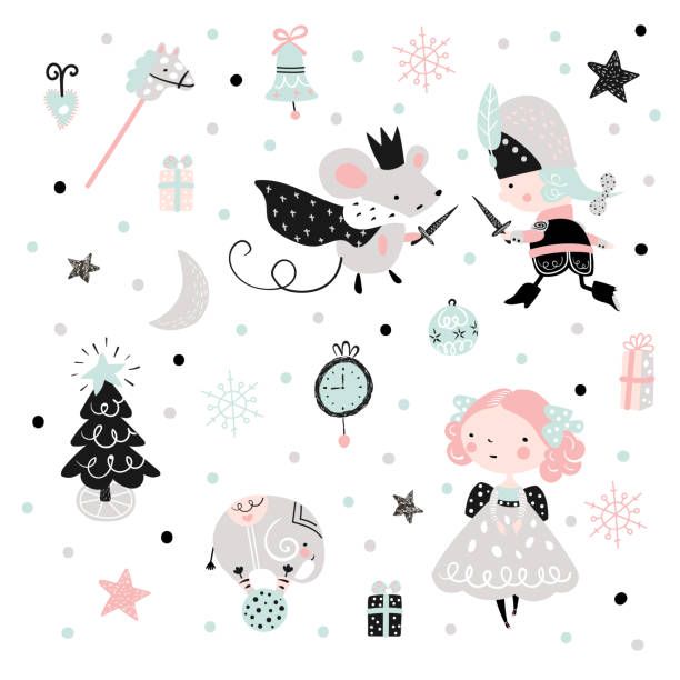 Christmas childish pattern with nutcracker, girl and mouse king. Fairy childish pattern with nutcracker, girl and mouse king. Christmas scandinavian set for kids fabric, wrapping, textile, wallpaper, apparel. sketches of elephants background stock illustrations