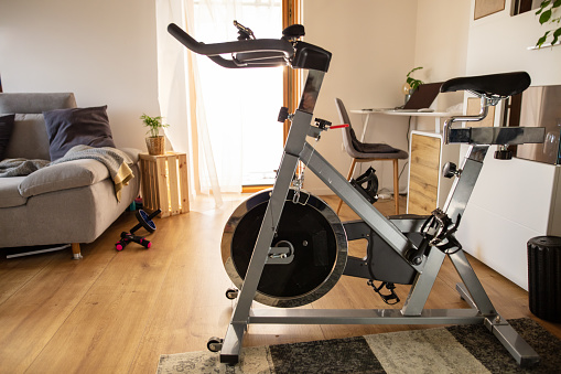 Side view of an exercise bike in the living room at home