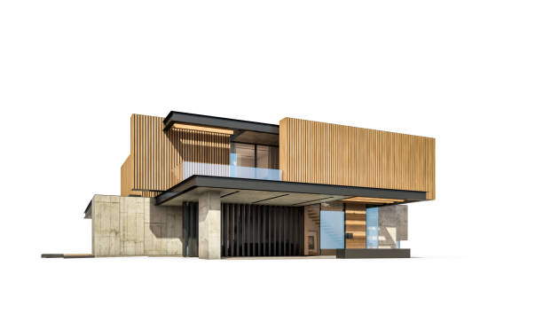istock 3d rendering of modern house with wood plank facade isolated on white 1223596807