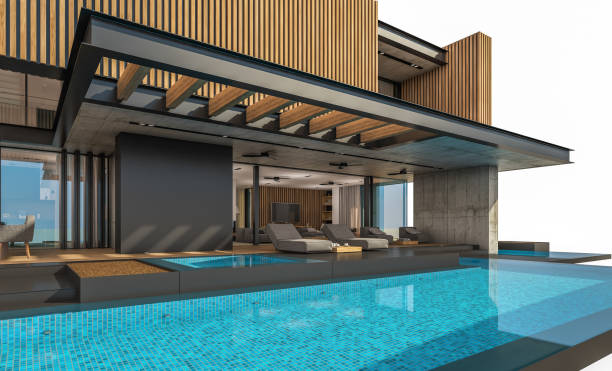 istock 3d rendering of modern house with wood plank facade isolated on white 1223596820