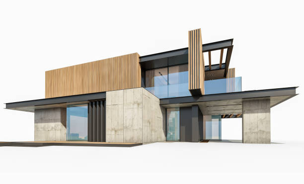 istock 3d rendering of modern house with wood plank facade isolated on white 1223596832