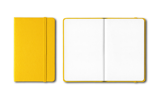 Yellow closed and open notebooks isolated on white