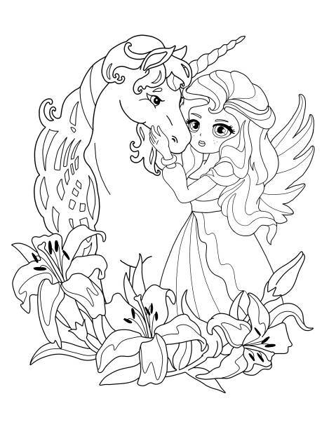 Coloring page The Princess and the Unicorn digital coloring page unicorn coloring pages stock illustrations