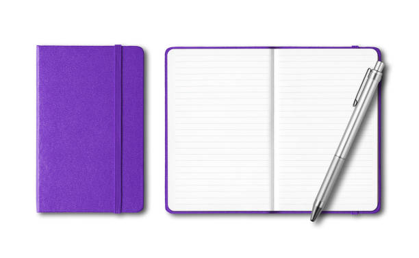 istock Purple closed and open notebooks with a pen isolated on white 1223598418