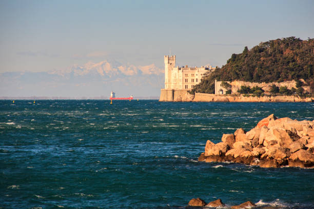 Trieste, Italy - November, 16: View of Miramare castle at sunset, Trieste on November 16, 2017