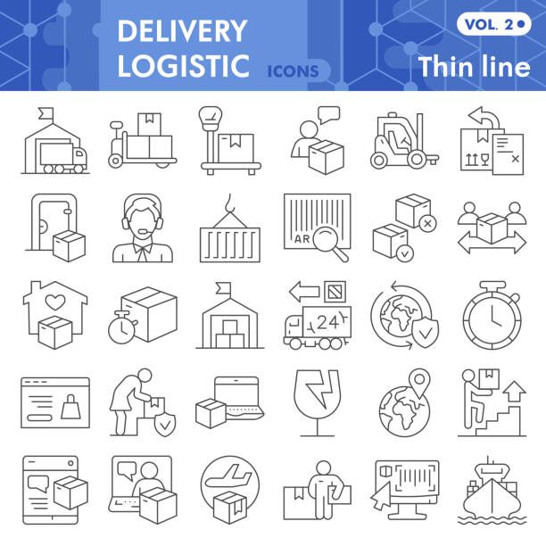 ilustrações de stock, clip art, desenhos animados e ícones de delivery thin line icon set, logistic symbols set collection or vector sketches. transportation signs set for computer web, the linear pictogram style package isolated on white background, eps 10. - trucking