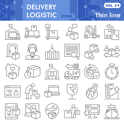 Delivery thin line icon set, logistic symbols set collection or vector sketches. Transportation signs set for computer web, the linear pictogram style package isolated on white background, eps 10