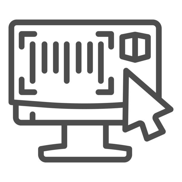 illustrations, cliparts, dessins animés et icônes de surveillez avec l’icône de ligne de lecture de code à barres, le symbole de service de logistique et de livraison, le signe vectoriel de registre d’entrepôt sur le fond blanc, le scanner de code de qr d’ordinateur et le contour d’icône d’embl - bar code reader illustrations
