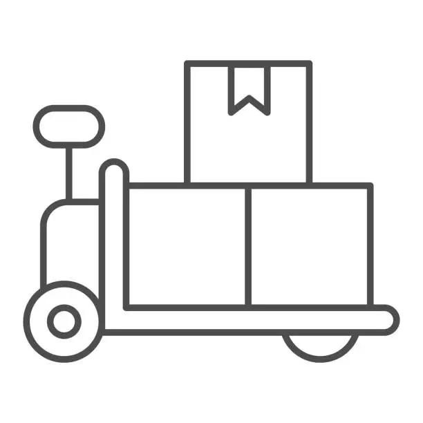 Vector illustration of Forklift trolley with boxes thin line icon, delivery and logistics symbol, Loaded hand warehouse cart vector sign white background, Manual pallet truck with cardboard icon outline style. Vector.