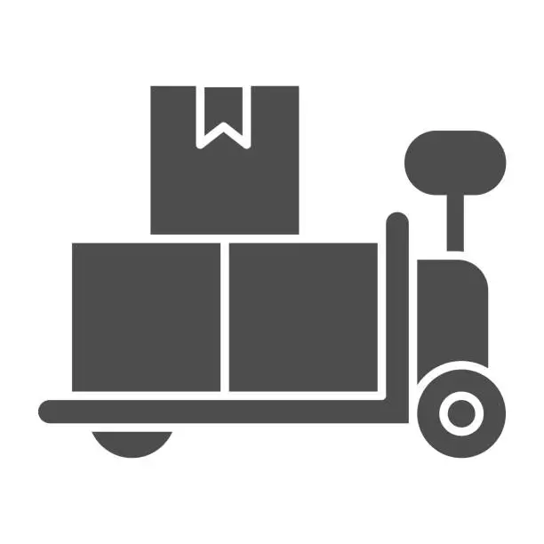 Vector illustration of Forklift trolley with boxes solid icon, delivery and logistics symbol, Loaded hand warehouse cart vector sign white background, Manual pallet truck with cardboard icon glyph style. Vector.