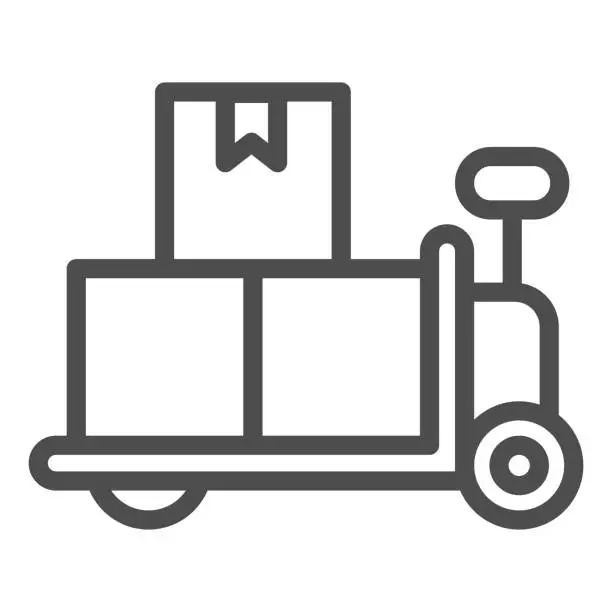 Vector illustration of Forklift trolley with boxes line icon, delivery and logistics symbol, Loaded hand warehouse cart vector sign white background, Manual pallet truck with cardboard icon outline style. Vector.