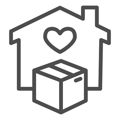 House with heart window and box line icon, Logistics delivery symbol, home delivery and cardboard package vector sign on white background, contactless delivery icon outline. Vector graphics