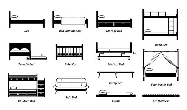 Different types of bed design, frame, and styles. Vector icons of storage, bunk, trundle, medical, baby, children, sofa, and four poster type of bed. Also include futon, air mattress, and camp bed. four poster bed illustrations stock illustrations