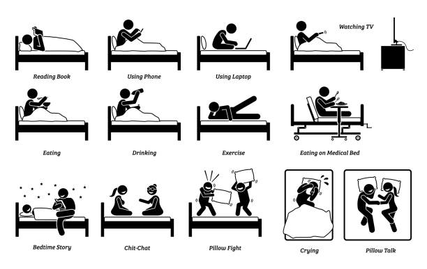 вещи, которые люди делают на кровати в спальне. - family television fighting watching stock illustrations