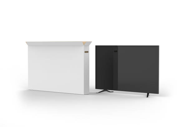 istock LED tv with heavy duty cardboard box packaging for branding, 3d illustration. 1223602013