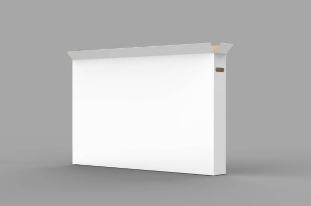 istock LED tv with heavy duty cardboard box packaging for branding, 3d illustration. 1223602089