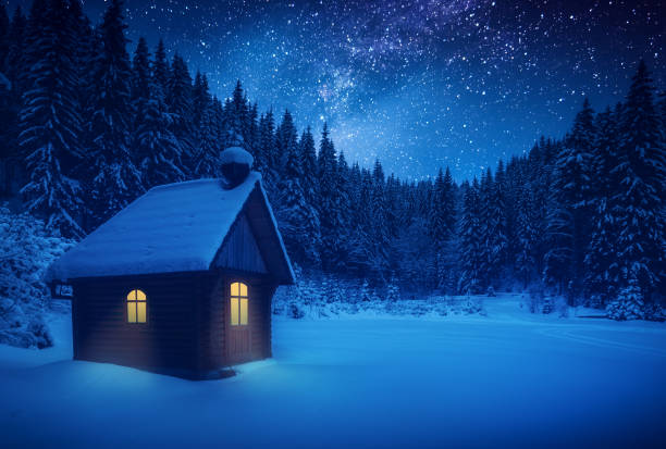 istock Lonely wooden house on a meadow in a deep forest covered with fresh snow 1223604793