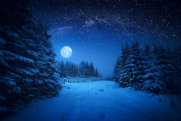 istock Full moon rising above the winter forest covered with fresh snow 1223604837