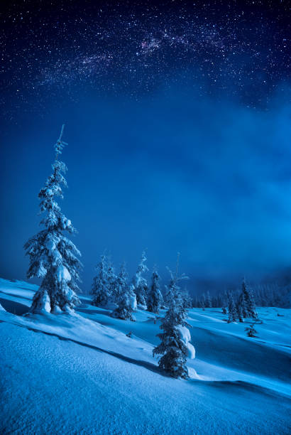 istock Mountain valley covered with snow in a light of moon 1223605539