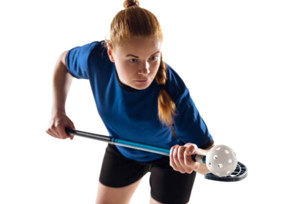 istock Floorball female player isolated on white studio background, action and motion concept 1223605741