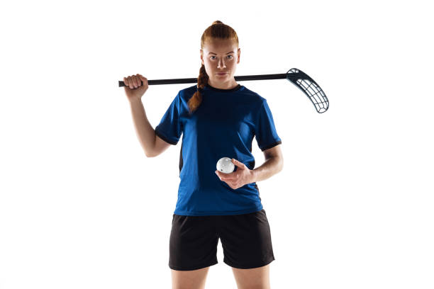 istock Floorball female player isolated on white studio background, action and motion concept 1223605744