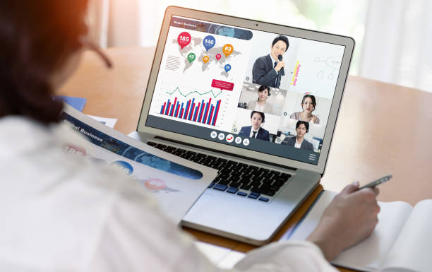 Video conference concept. Teleconference. Telemeeting. Webinar. Online seminar. e-Learning. Video conference concept. Teleconference. Telemeeting. Webinar. Online seminar. e-Learning. Online Korean Classes stock pictures, royalty-free photos & images