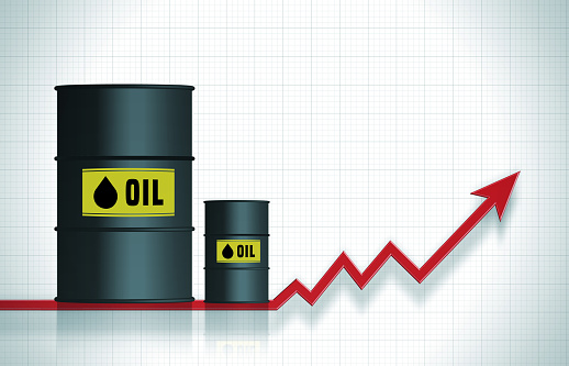 Oil Barrels And Success Chart. Horizontal composition with copy space. Global Finance And Economy Concept.