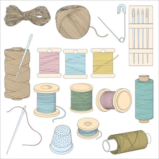 Vector illustration of Set with sewing accessories on a white background. Hand-drawn.