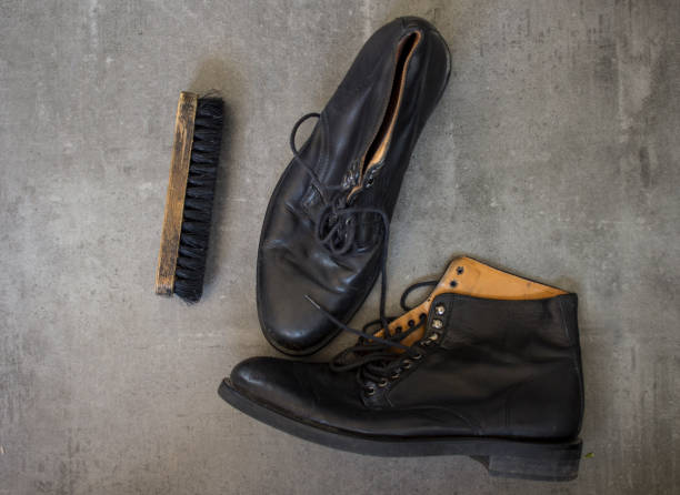 istock Black leather shoes top view photo 1223606923