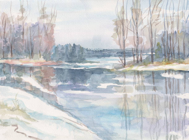 istock spring months - April, March. Nature wakes up, the snow melts. Trees in the forest are reflected in the water. Pastel colors. Hand drawn watercolor illustration. Image for greeting card, calendar 1223606944
