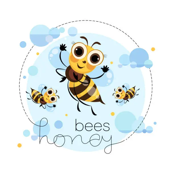 Vector illustration of Swarm bees. Honey bees fly in the clouds. Cartoon cute character. Emblem, sticker, label, mascot. Lettering.