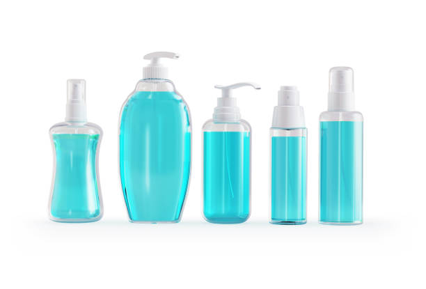 Front wiew of two blue plastic bottles of fabric softener isolated on white background. High resolution 42Mp studio digital capture taken with Sony A7rII and Sony FE 90mm f2.8 macro G OSS lens