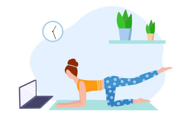 Online workout and yoga lessons during quarantine. Stay home and practice healthy lifestyle during coronavirus epidemic. Vector illustration in flat style. personal trainer stock illustrations