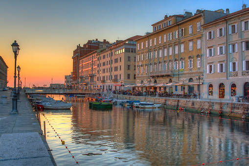 View of the Canal Grande at sunset in Trieste, Italy