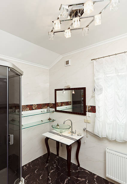 istock Modern bathroom interior with glass sink bowl and mirror 122361035