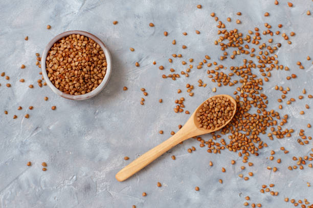 istock Raw dry buckwheat grain  in a bowl with a spoon 1223614216