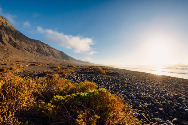 Famara beach, scenic landscape with ocean and mountains in Lanzarote, Canary islands Famara beach, scenic landscape with ocean and mountains in Lanzarote, Canary islands caleta de famara lanzarote stock pictures, royalty-free photos & images