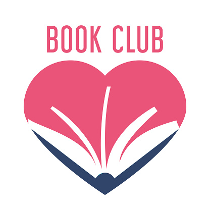 Colorful logo for book club vector isolated. Read books together. Simple style, flat design of logotype. Education concept. Heart shape, book lovers.