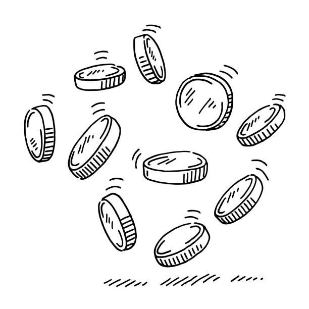 Falling Money Coins Drawing Hand-drawn vector drawing of Falling Money Coins. Black-and-White sketch on a transparent background (.eps-file). Included files are EPS (v10) and Hi-Res JPG. change drawings stock illustrations