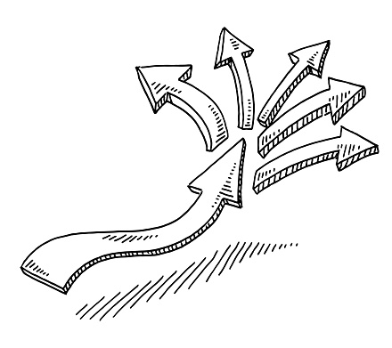 Hand-drawn vector drawing of a Dynamic Arrows Symbol. Black-and-White sketch on a transparent background (.eps-file). Included files are EPS (v10) and Hi-Res JPG.