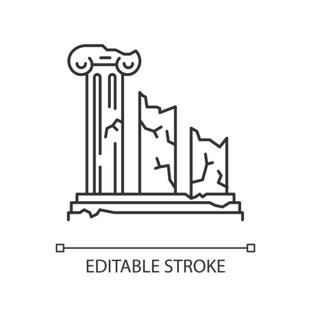 Ancient ruins linear icon. Broken columns. Greek pillars. Lost cities. Archeology. Historical monuments. Thin line illustration. Contour symbol. Vector isolated outline drawing. Editable stroke Ancient ruins linear icon. Broken columns. Greek pillars. Lost cities. Archeology. Historical monuments. Thin line illustration. Contour symbol. Vector isolated outline drawing. Editable stroke colonnade stock illustrations