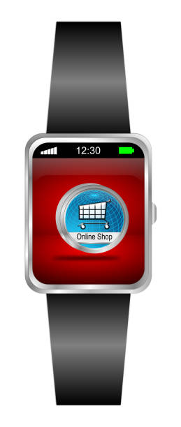 istock Smartwatch with blue online Shop Button - 3D illustration 1223620599