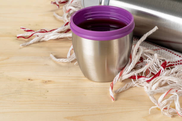 istock Aluminum metal thermos container bottle close up on table 1223622369