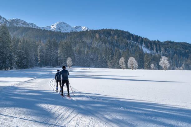 Couple cross-country skiing in beautiful nordic winter landscape in Leogang, Tyrol, Alps, Austria stock photo