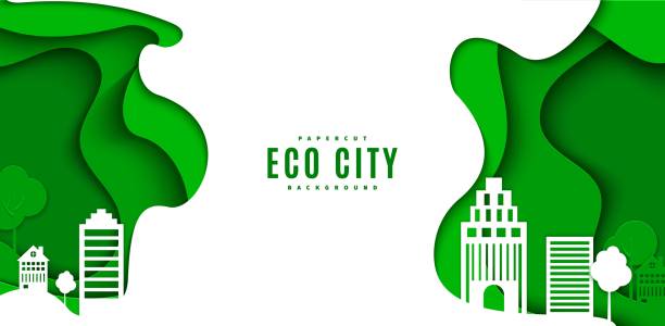 istock Abstract green flyer in cut paper style. Cutout white trees and building wave template for save the Earth posters, city ecology brochures, ienvironmental Protection .Vector horizontal illustration 1223624093