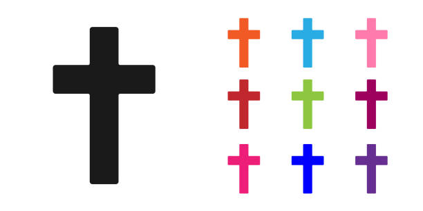 Black Christian cross icon isolated on white background. Church cross. Set icons colorful. Vector Illustration Black Christian cross icon isolated on white background. Church cross. Set icons colorful. Vector Illustration religious text stock illustrations